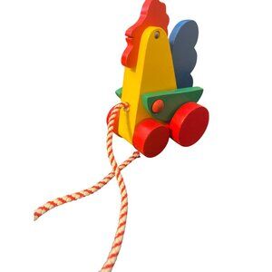 Vintage EDDU Wooden Rooster Chicken Pull Toy Colorful Thailand 6" Estate READ